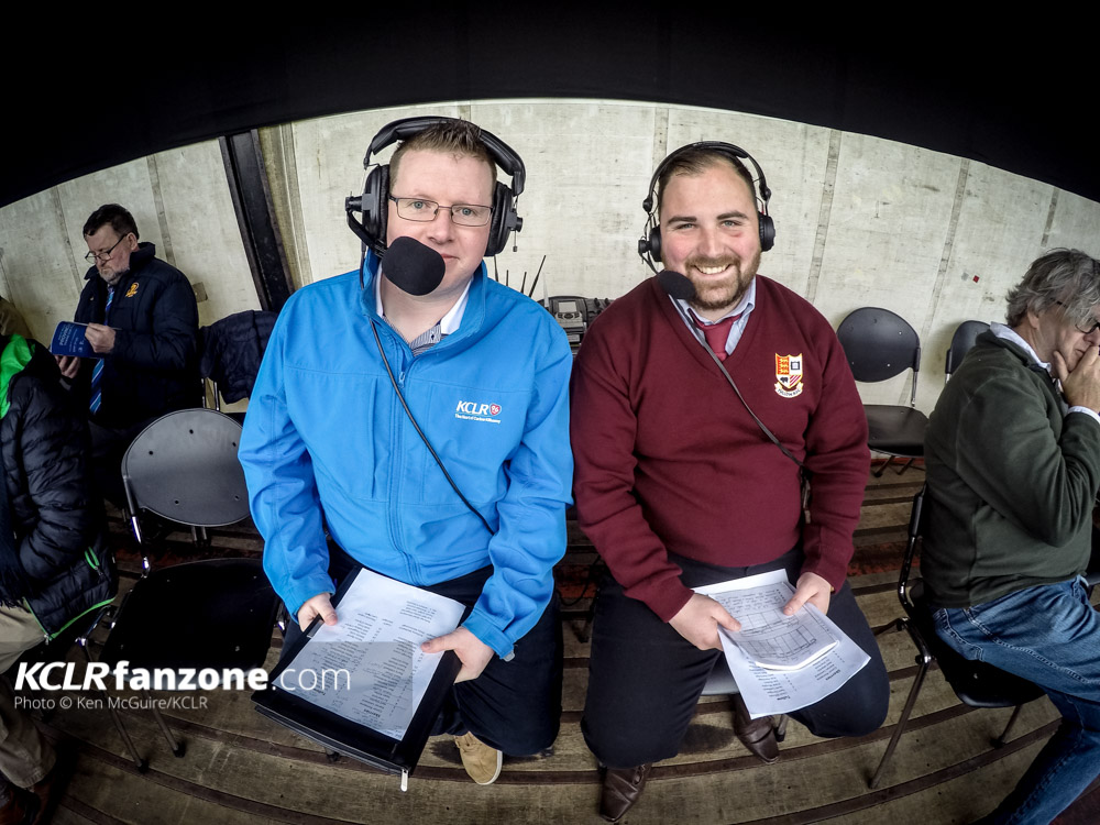 KCLR's Stephen Byrne (left) with Tullow's John Tobin on commentary for the 2017 Provincial Towns Cup. Photo: Ken McGuire/KCLR